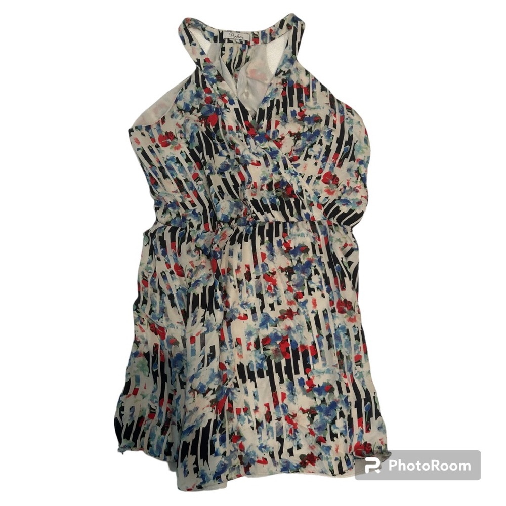 Parker 100% silk dress black white stripes with red blue floral print mini